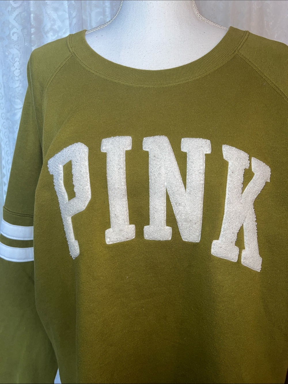VS PINK Olive Green Crewneck Sweatshirt with White Lettering - Picture 5 of 6